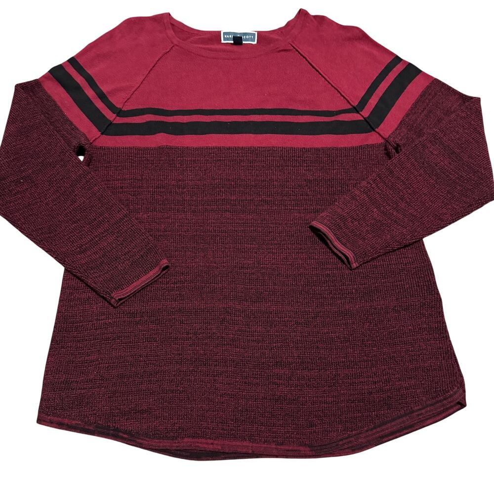 Karen Scott Womens Large Sweater Burgundy Maroon Striped Crewneck Knit Pullover